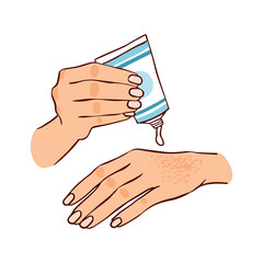 The girl uses a cream for dry hands. Hands holding a tube of cream. Body care.