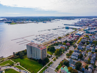 Aerial view of Portland Old Port and Fore River in downtown Portland, Maine ME, USA. 