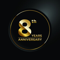 8th anniversary, anniversary celebration vector design with gold color on black background and circle shape.