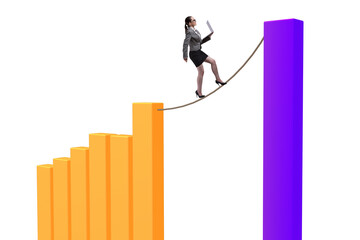 Businesswoman walking on tight rope between bar chart