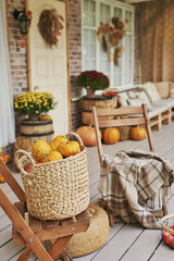 Autumn harvest terrace background. Halloween. Country. Pumpkins and flowers. Vacation home. Thanksgiving Day