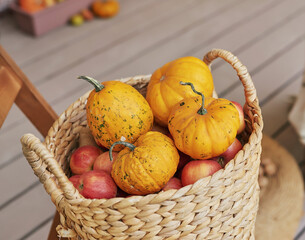 Autumn harvest terrace background. Halloween. Country. Pumpkins and flowers. Vacation home. Thanksgiving Day