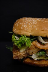 Juicy burger with salad, tomato, meat and delicious bun