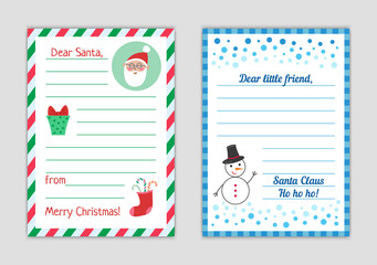 Letter to Santa from child. Christmas wishlist blank isolated. Reply letter to kid. Vector cartoon template illustration