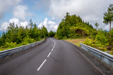 Fototapeta na wymiar Empty asphalt road with green vegetation in Lagoa do Fogo (Fire Lake) at São Miguel, Azores - Portugal