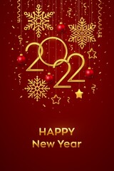 Fototapeta na wymiar Happy New 2022 Year. Hanging Golden metallic numbers 2022 with shining snowflakes, 3D metallic stars, balls and confetti on red background. New Year greeting card or banner template. Vector.