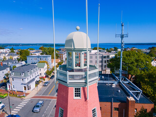 Portland Observatory aerial view at 138 Congress Street on Munjoy Hill in Portland, Maine ME, USA. This observatory is a historic maritime signal tower built in 1807.  - obrazy, fototapety, plakaty