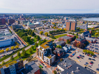 Aerial view of Portland historic downtown skyline on Congress Street, viewed from Munjoy Hill,...