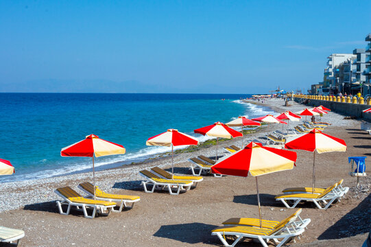 View of Akti Kanari Beach.in Rhodes Greece