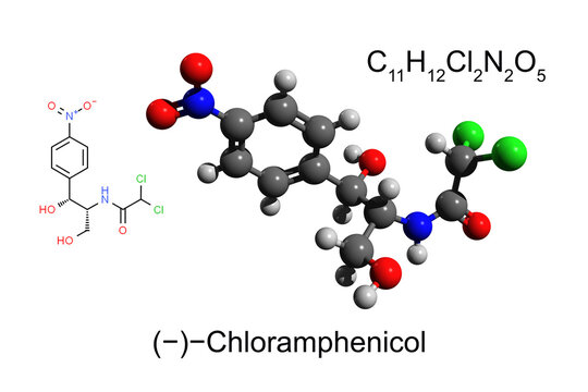 Chemical formula, structural formula and 3D ball-and-stick model of antibiotic chloramphenicol, white background