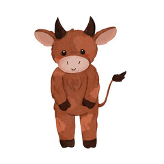 cute brown little bull with black horns in spots in cartoon style isolated on white background , animals , baby , home , print, design