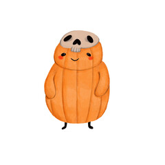 halloween cute orange cartoon-style pumpkin man with skull mask isolated on white background , holiday, baby, vegetable, mystique