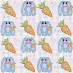 seamless pattern cute blue plush bunny with big ears and a pink bow around his neck in cartoon style with gingerbread carrots on a pink background with hearts ,holiday, animals children , easter