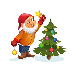 cute dwarf decorates the Christmas tree