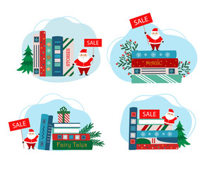 Stack of christmas books with cup, Santa Claus figure and christmas decoration and SALE inscription. Christmas, winter sale for bookstore, lbookshop. Christmas, winter reading.