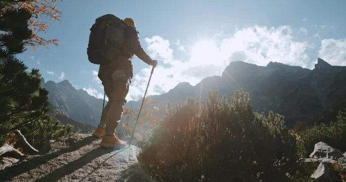 Male hiker backpacker with trekking poles reaches beautiful mountain lake. Traveler standing on rock looking at incredible highland landscape on sunny day. Adventure travel explorer in Tatra park