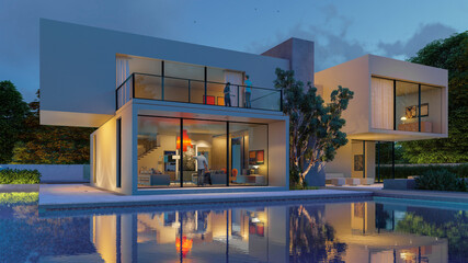 Obraz premium Big contemporary white villa with pool and garden in the evening