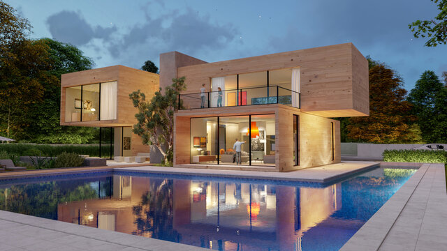 Big contemporary villa in light wood with pool and garden in the evening