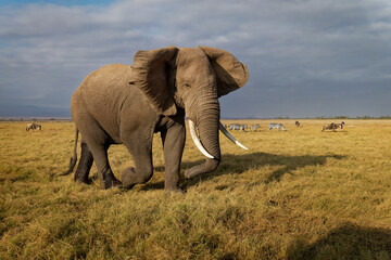 Naklejka na ściany i meble African Bush Elephant - Loxodonta africana lonely elephant walking in savannah of the Amboseli park under Kilimanjaro in the afternoon, dust bath, close up portrait