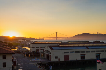 Sunset on the golden gate bridge from fort Mason