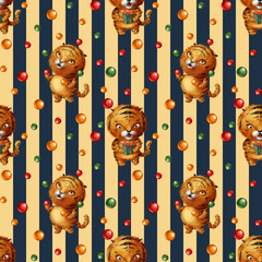 Colorfulk striped chritmas seamless pattern with little tiger cub with gift ox jugging with red orange green balls, on dark blue and yellow background. Symbol of chinese new year 2022.