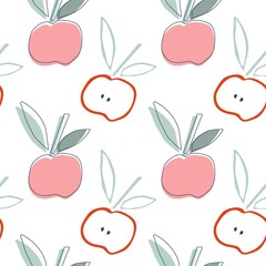 Childish Apples with leaf hand drawn sketch seamless pattern. Whole fruit and cut half. Silhouette vector illustration. Food eco Repeated template for background, textile, wrapping paper, wallpaper