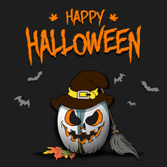 Happy Halloween. Template rugby design. Rugby ball in the form of a pumpkinin in witch hat on an isolated background. Pattern for banner, poster, greeting card, invitation. Vector illustration