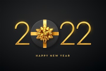 Fototapeta na wymiar Happy New 2022 Year. Golden metallic luxury numbers 2022 with gift box with golden bow on black background. Realistic sign for greeting card. Festive poster or holiday banner. Vector illustration.