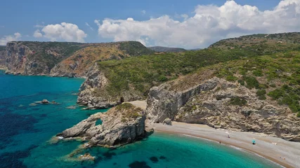 Foto op Plexiglas Aerial drone photo of beautiful turquoise paradise beach of Kaladi one of the best in island of Kythera, Ionian, Greece © aerial-drone