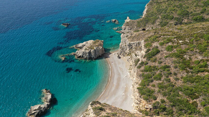 Obraz premium Aerial drone photo of beautiful turquoise paradise beach of Kaladi one of the best in island of Kythera, Ionian, Greece