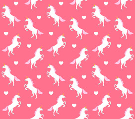 Vector seamless pattern of white flat cartoon unicorn isolated on pink background