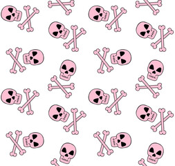 Vector seamless pattern of hand drawn doodle sketch pink skull and crossed bones isolated on white background