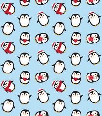 Vector seamless pattern of different flat cartoon penguin in hat and scarf isolated on blue background