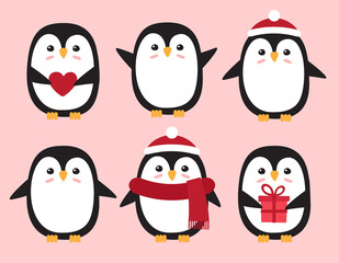 Vector set bundle of flat cartoon penguin in hat and scarf isolated on pink background