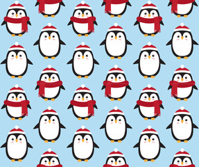 Vector seamless pattern of flat cartoon penguin in hat and scarf isolated on blue background