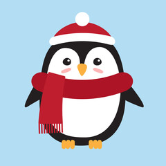 Vector flat cartoon penguin in hat and scarf isolated on blue background
