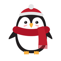 Vector flat cartoon penguin in hat and scarf isolated on white background