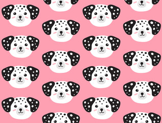 Vector flat cartoon hand drawn Dalmatian dog face head isolated on pink background