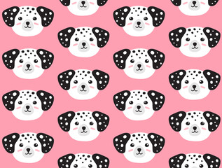 Vector flat cartoon hand drawn Dalmatian dog face head isolated on pink background