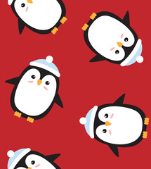Vector seamless pattern of flat cartoon penguin in hat isolated on red background