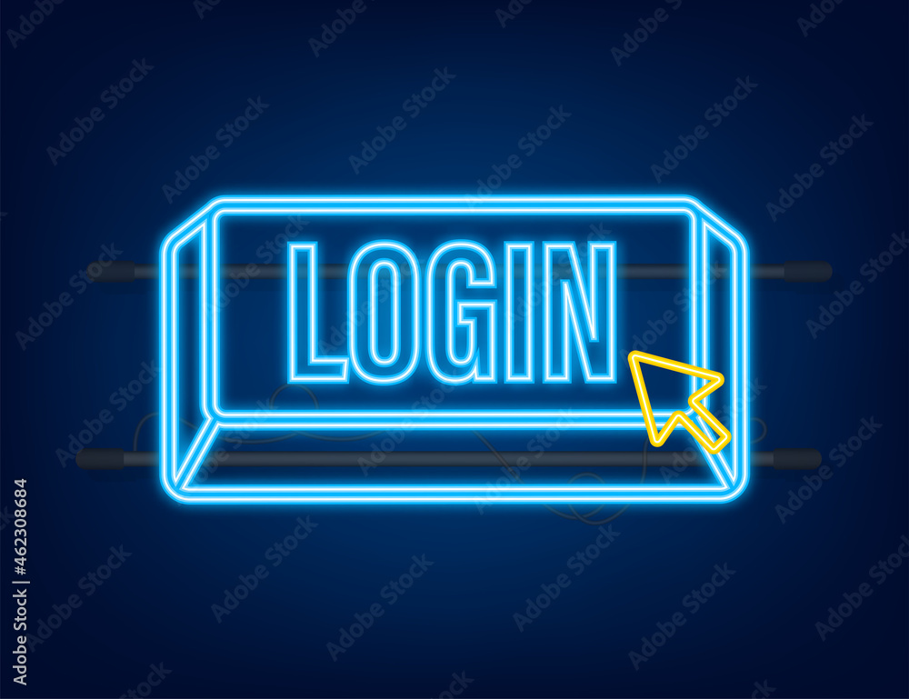Poster login. neon icon. web banner. arrow, cursor icon. arrow vector icon. hand click vector stock illustr