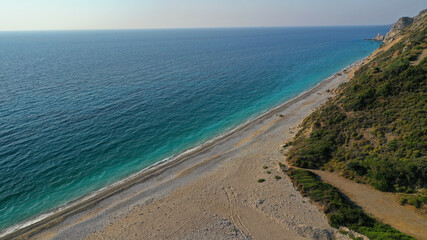 Fototapeta na wymiar Aerial drone photo of beautiful turquoise beach of Komponada, Kythira island, Ionian, Greece