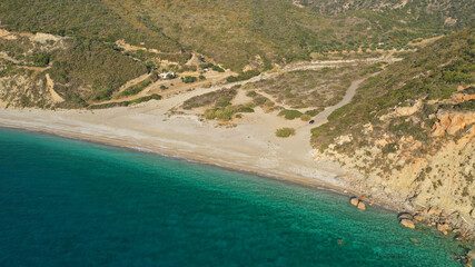 Aerial drone photo of beautiful turquoise beach of Komponada, Kythira island, Ionian, Greece