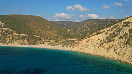 Aerial drone photo of beautiful turquoise beach of Komponada, Kythira island, Ionian, Greece