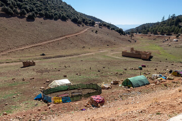 Africa Morocco desert Atlas mountains nature rock landscape with river palm under blue sky hot weather 