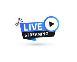 Live streaming flat logo - blue vector design element with play button. Vector illustration