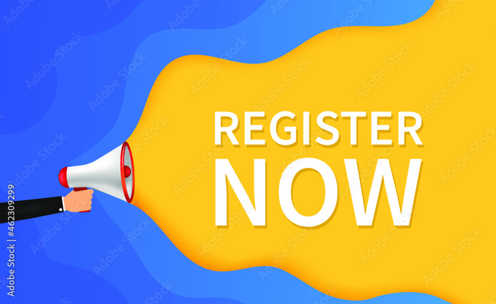 Poster megaphone label with register now. megaphone banner. web design. vector stock illustration.