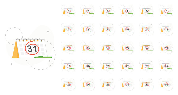 Calendars for all 31 days of a month. Flip flop calendar. Circled number of each day. Selected day. Mark day. Flat design isolated on white background