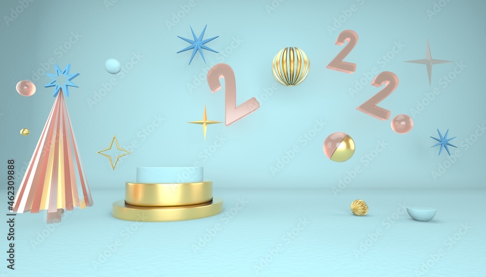 Poster christmas background with christmas tree and stage for product display. 3d rendering.