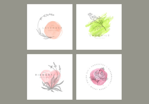 Minimalist Ink Floral Logo Title Frames Collection with Watercolor Spots